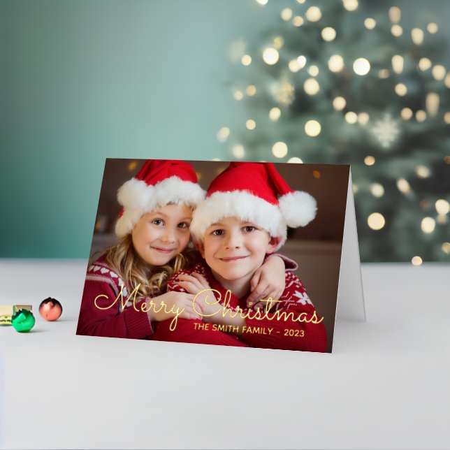 Gold Thin Line Merry Christmas Family Photo Foil Holiday Card (Holiday In Situ 2)