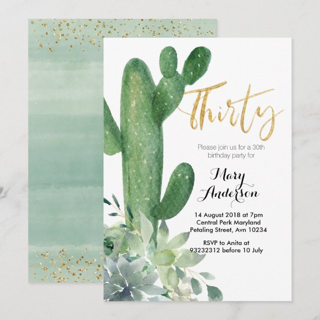 Gold Thirty 30th Birthday Invitation cactus fiesta (Front/Back)