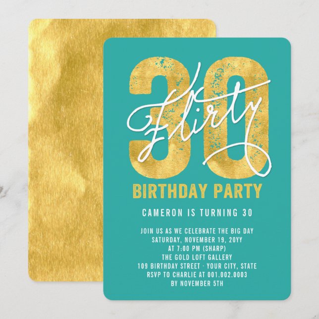 Gold Thirty and Flirty 30th Birthday Party Invite (Front/Back)
