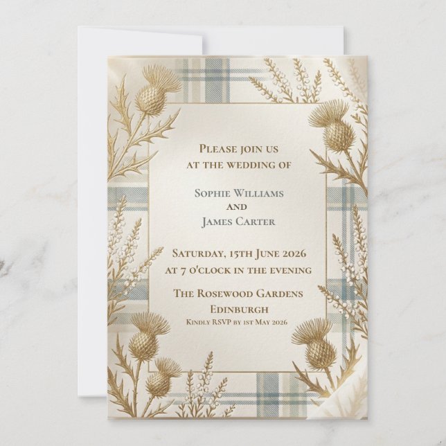 Gold Thistle Heather Tartan Wedding Invitation (Front)