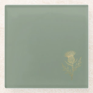 Gold Thistle Sage Green Glass Coaster