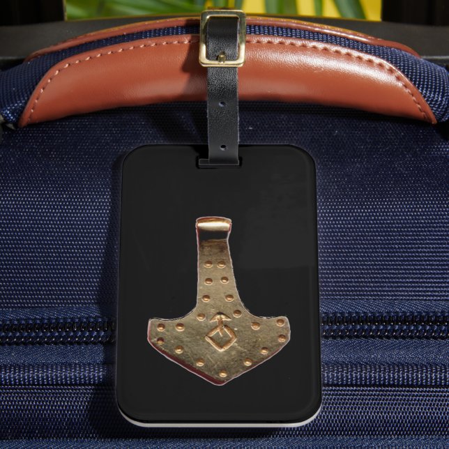 Gold Thor Hammer black luggage tag (Front Insitu 2)