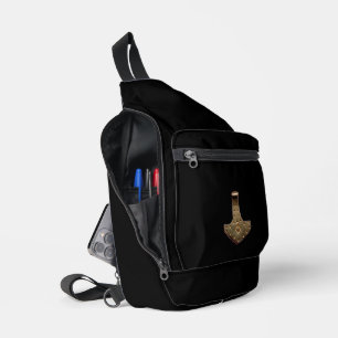 Gold Thor Hammer black sling bag backpack