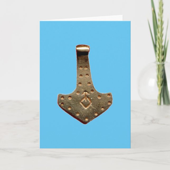 Gold Thor Hammer blue greeting card (Front)