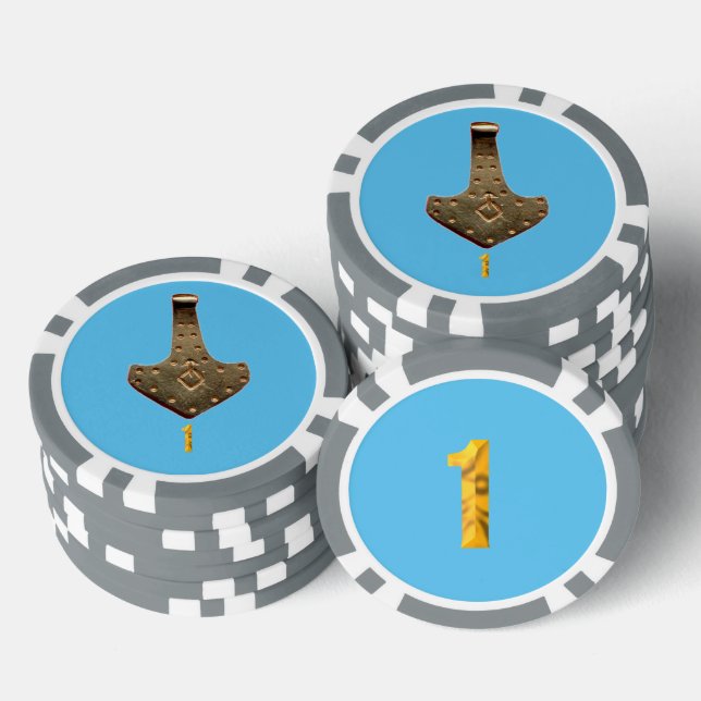 Gold Thor Hammer blue grey 1 striped poker chip (Stack)