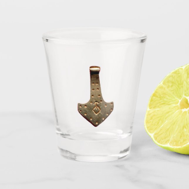 Gold Thor Hammer clear shot glass (Front)