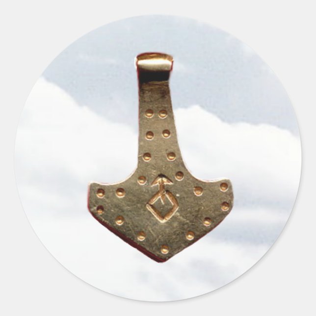 Gold Thor Hammer clouds large round stickers (Front)