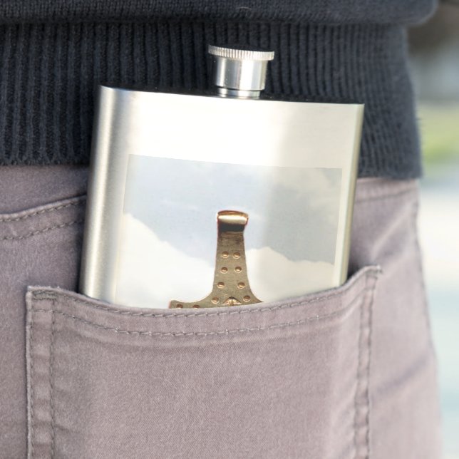 Gold Thor Hammer clouds stainless steel flask (In Situ)