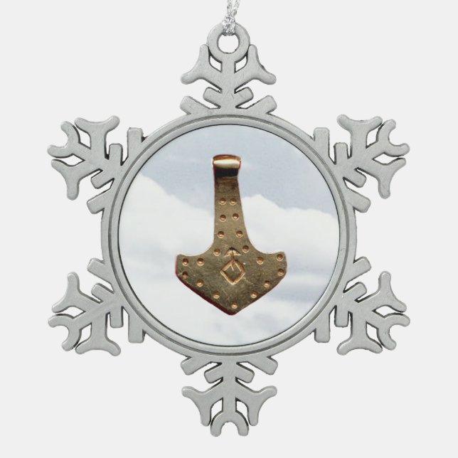 Gold Thor Hammer  pewter snowflake Yule ornament (Front)