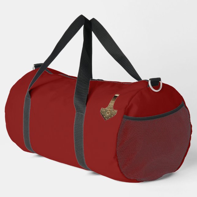 Gold Thor Hammer red duffel bag (Right Corner)