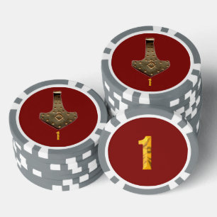 Gold Thor Hammer red gray 1 striped poker chip