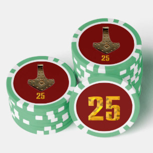 Gold Thor Hammer red green 25 striped poker chip