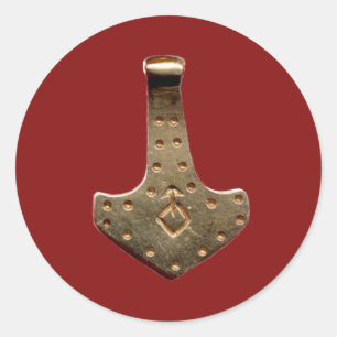 Gold Thor Hammer red large round stickers