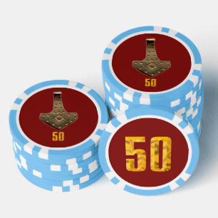 Gold Thor Hammer red lt blue 50 striped poker chip