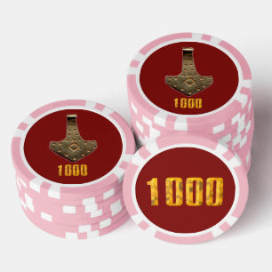 Gold Thor Hammer red pink 1000 striped poker chip