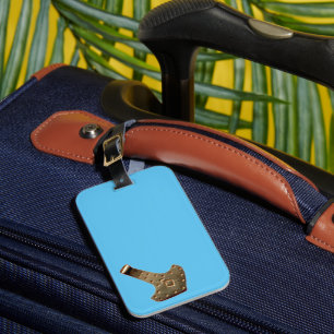 Gold Thor Hammer tilted blue luggage tag
