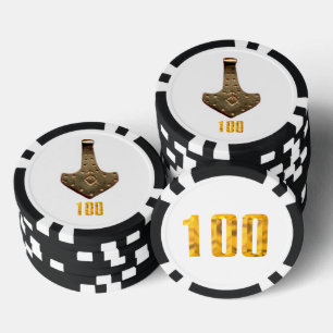Gold Thor Hammer white blk 100 striped poker chip