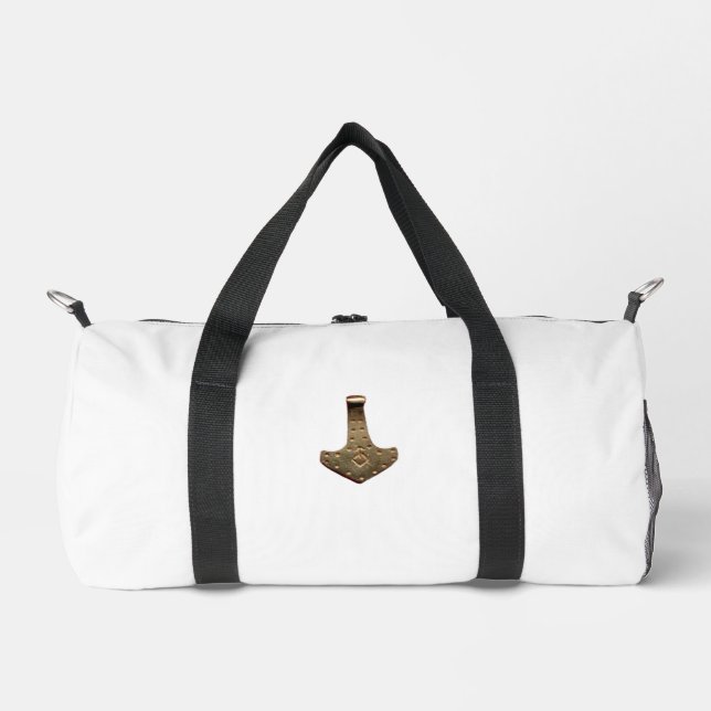 Gold Thor Hammer white duffel bag (Front)