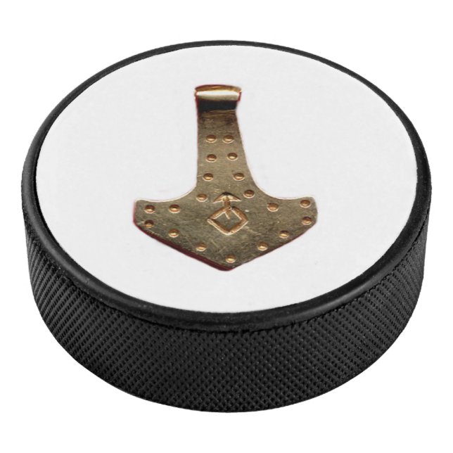 Gold Thor Hammer white hockey puck (3/4)