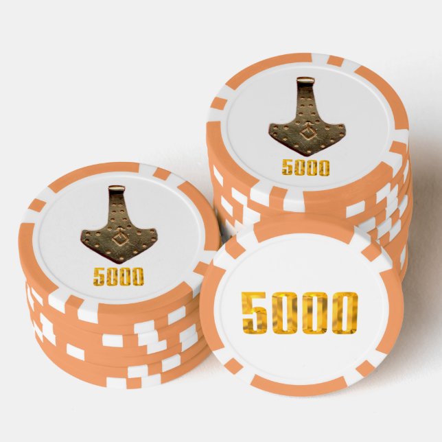 Gold Thor Hammer white orange 5K stripe poker chip (Stack)