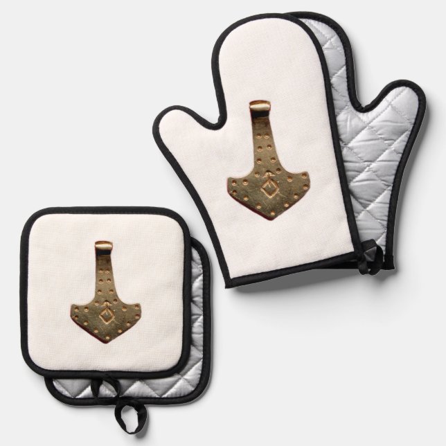Gold Thor Hammer white oven mitts pot holders Oven Mitt & Pot Holder Set (Front/Back)