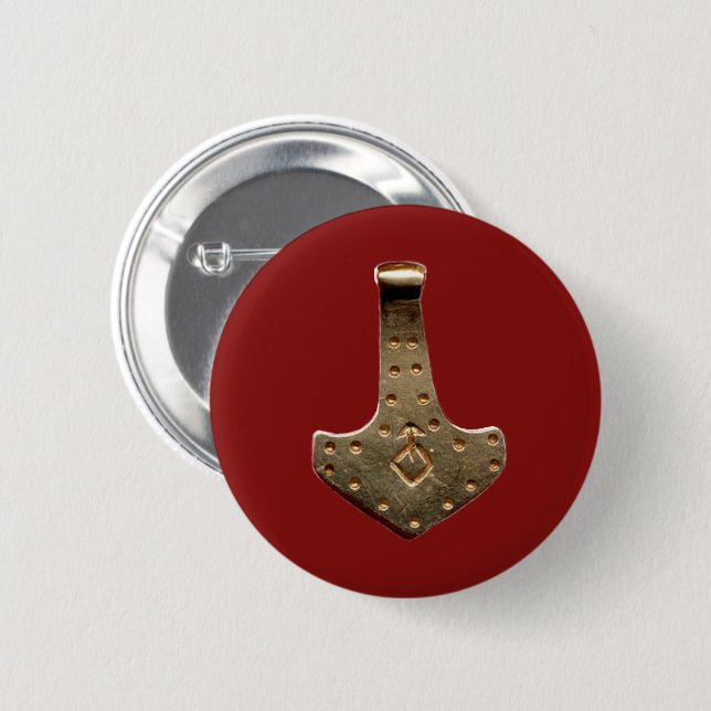 Gold Thor's Hammer red round button (Front & Back)