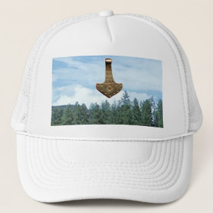 Gold Thor's Hammer trees white foam trucker hat