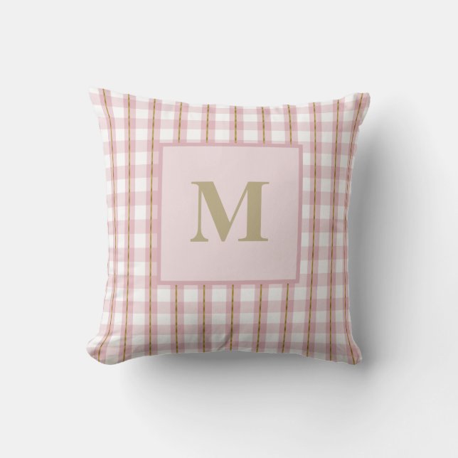 Gold Thread Pink Gingham Monogram Throw Pillow (Front)