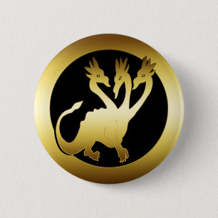 GOLD THREE HEADED DRAGON 6 CM ROUND BADGE