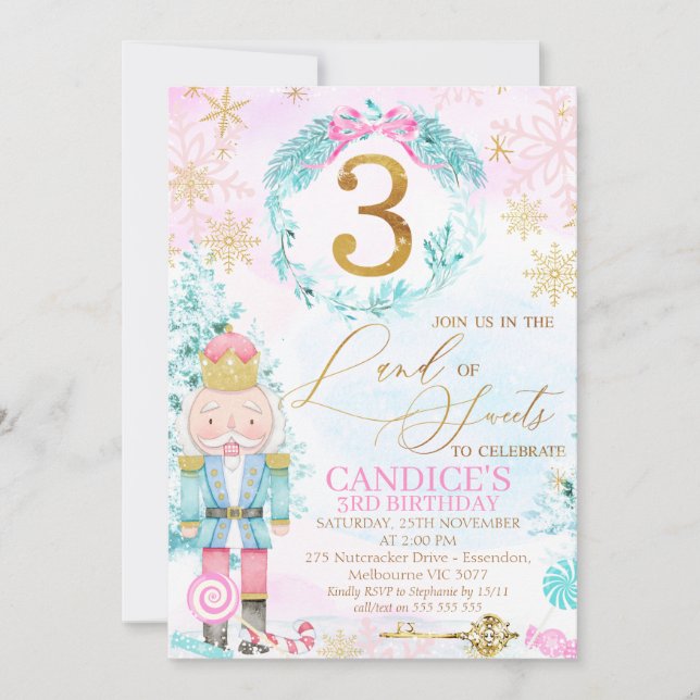 Gold Three Land of Sweets Nutcracker Birthday Invitation (Front)