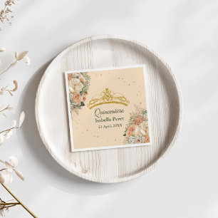 Gold Tiara and Peach Fuzz Floral Quinceanera Napkin