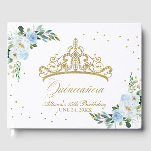Gold Tiara Blush Baby Blue Floral Quinceanera Guest Book
