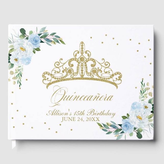 Gold Tiara Blush Baby Blue Floral Quinceanera Guest Book (Front)