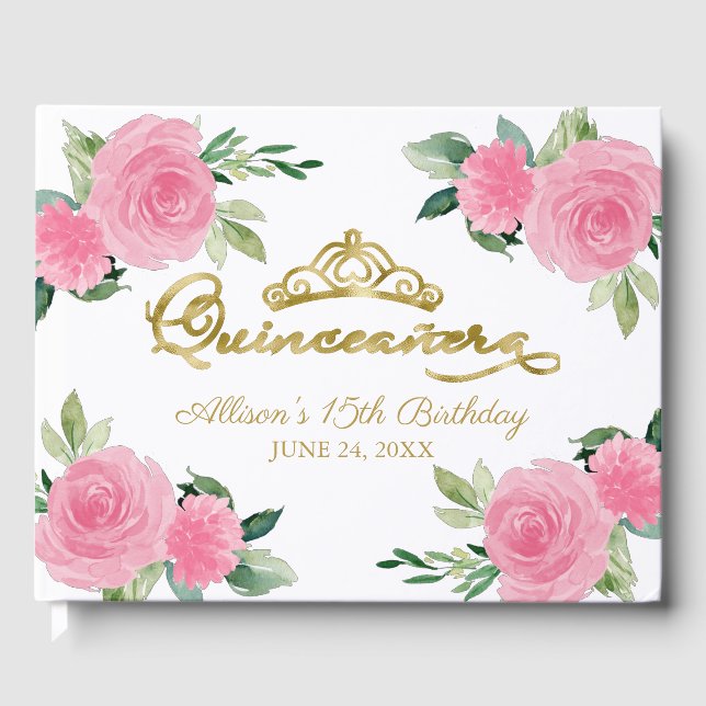 Gold Tiara Blush Hot Pink Floral Quinceanera Guest Book (Front)