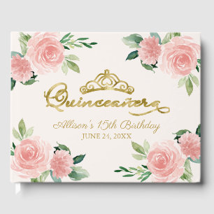 Gold Tiara Blush Pink Floral Quinceanera Guest Book