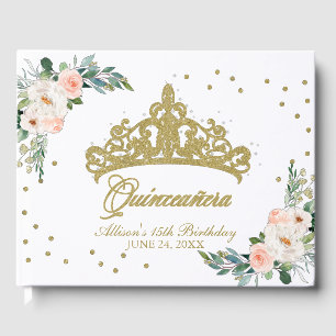 Gold Tiara Blush Pink Floral Quinceanera Guest Book