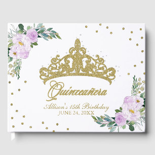 Gold Tiara Blush Purple Lilac Floral Quinceanera Guest Book