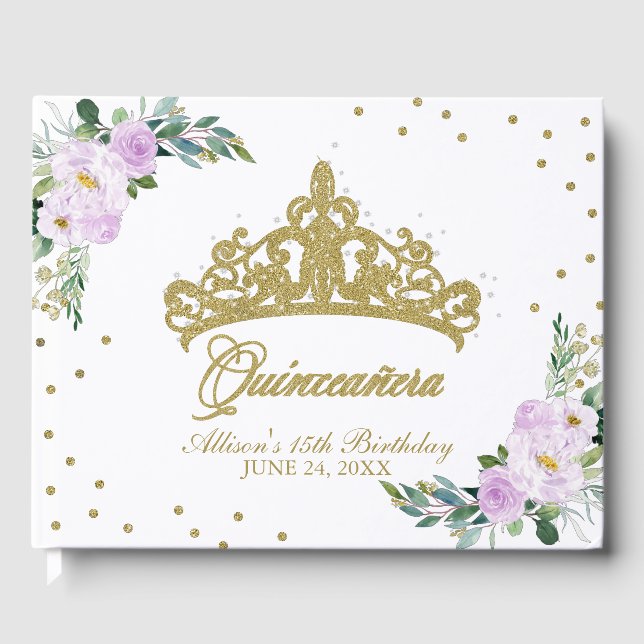 Gold Tiara Blush Purple Lilac Floral Quinceanera Guest Book (Front)