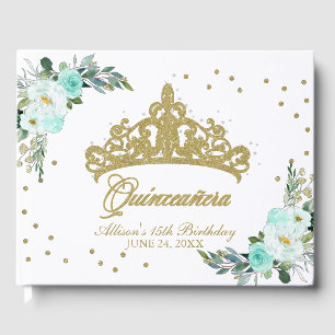 Gold Tiara Blush Teal Floral Quinceanera Guest Book
