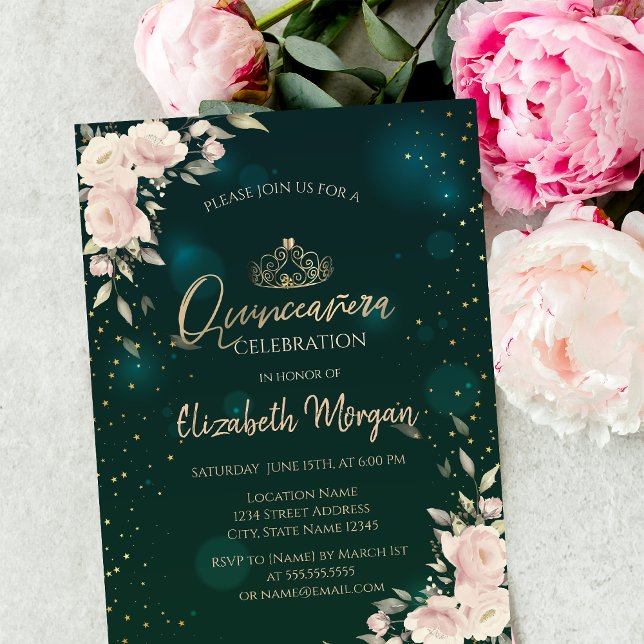 Gold Tiara,Boho Flowers Green Quinceañera  Invitation (Creator Uploaded)
