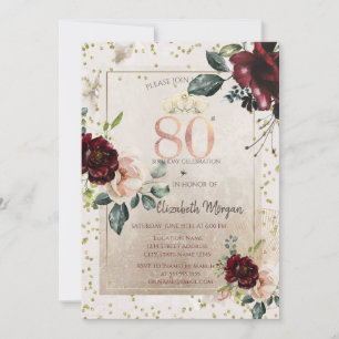 Gold Tiara,Burgundy Flowers  80th Birthday Invitation
