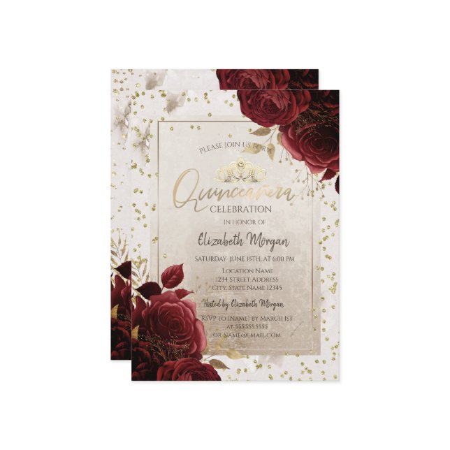 Gold Tiara,Burgundy Flowers Diamonds Quinceañera  Invitation (Front/Back In Situ)