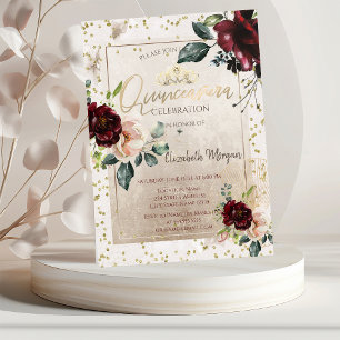 Gold Tiara,Burgundy Flowers Quinceañera Invitation