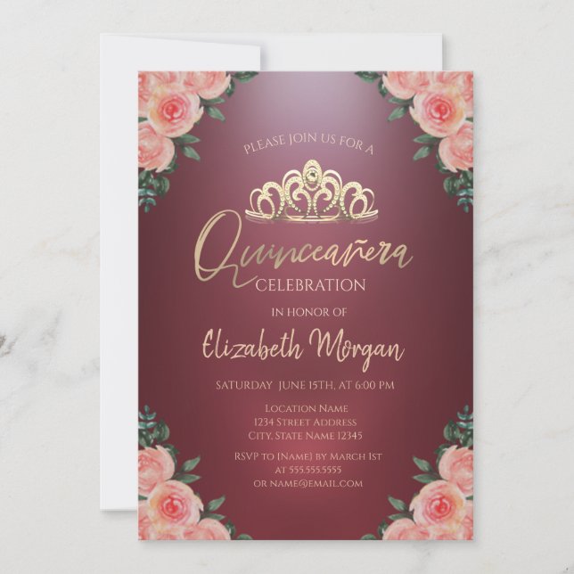 Gold Tiara Burgundy Flowers Roses Quinceañera Invitation (Front)