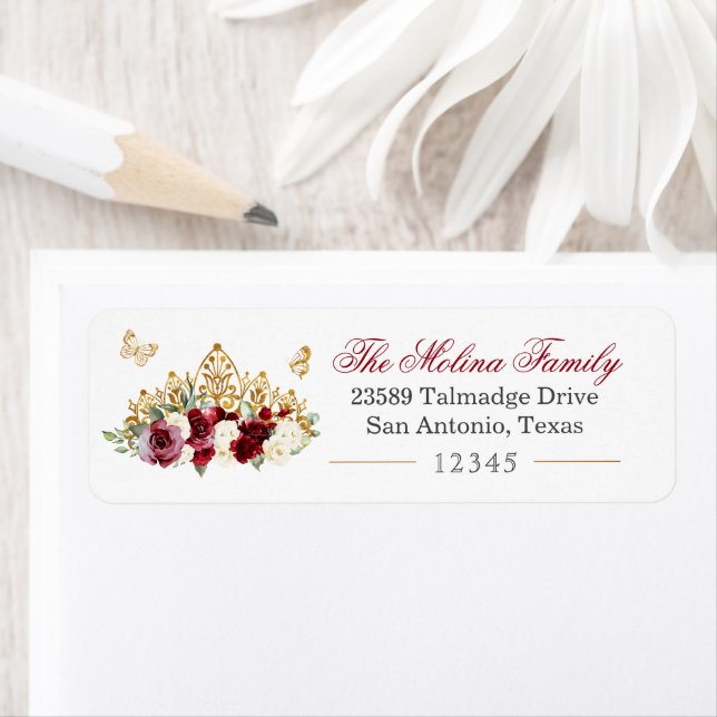 Gold Tiara Burgundy Red Flor Return Address Label (Insitu)