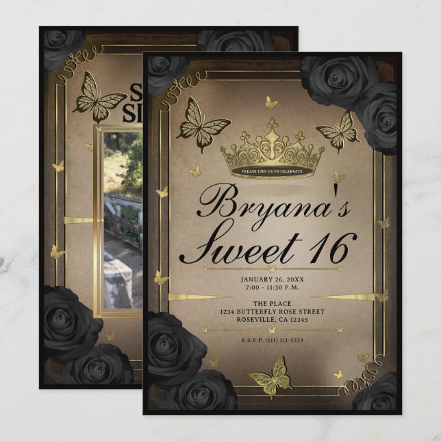 Gold Tiara Butterflies Black Roses Sweet 16 Photo Invitation (Front/Back)