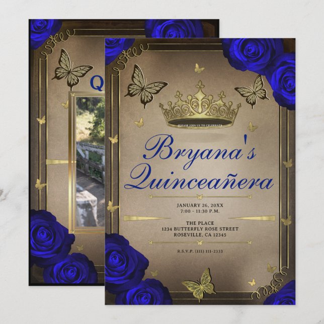 Gold Tiara Butterflies Blue Roses Quinceañera  Invitation (Front/Back)