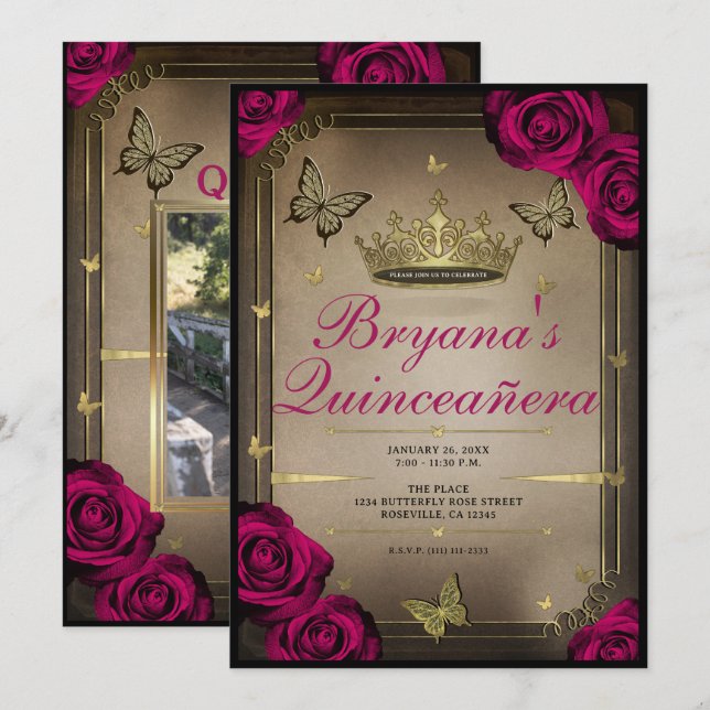 Gold Tiara Butterflies Magenta Roses Quinceañera  Invitation (Front/Back)