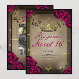 Gold Tiara Butterflies Magenta Roses Sweet 16  Invitation