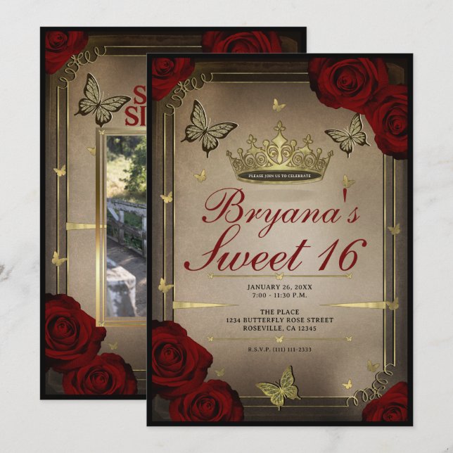 Gold Tiara Butterflies Maroon Roses Sweet 16 Photo Invitation (Front/Back)